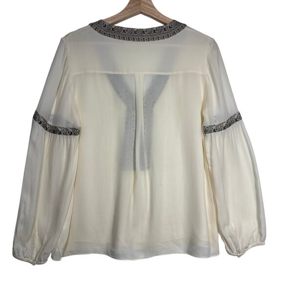 Tory Burch Silk Peasant Blouse Top Ivory Chiffon Size S Batik Trim Boho Designer - Picture 9 of 16